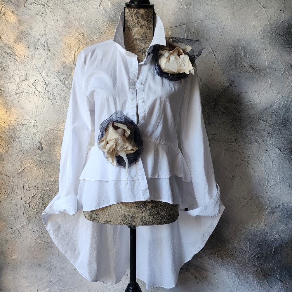 Designer Upcycled Couture White Top Black Large Golden Camelia Rose Pin